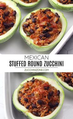 mexican stuffed round zucchini with black beans and rice in it on a white platter