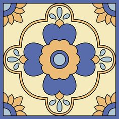 a blue and yellow flower pattern on a white background with an orange center in the middle