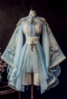 Old Fashion Dresses Aesthetic, Fantasy Fancy Dress, Avian Character Outfits, Genshin Impact Inspired Dresses, Fancy Dress Drawing Reference, Character Outfits Female Dress, Kimono Fantasy Design, Chinese Style Clothing, Short Hanfu Dress