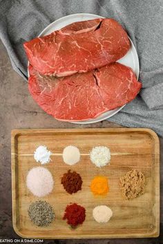 raw meat on a cutting board with spices and seasonings to make it look like steak