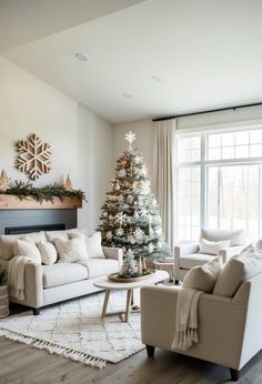 a living room with white furniture and a christmas tree in the corner on the wall