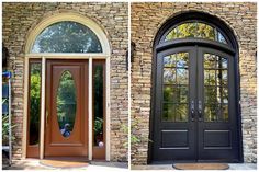 two doors side by side in front of a brick building with arched glass and wood door