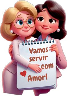 two women hugging each other holding a sign that says vamos servir com amor