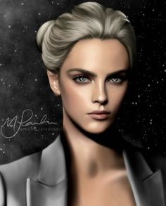 a digital painting of a woman with blonde hair and blue eyes wearing a silver suit