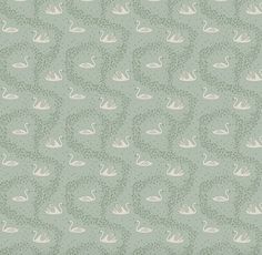 a green and white wallpaper with swans on it