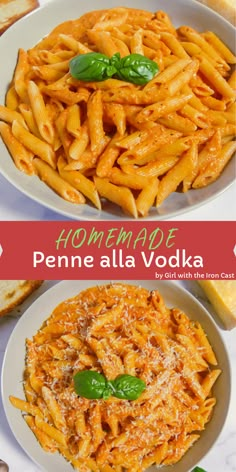 homemade penne alla vodka with basil leaves and cheese on the side, served in white bowls