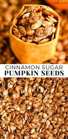 cinnamon sugar pumpkin seeds in a wooden bowl on top of a pile of pumpkin seeds