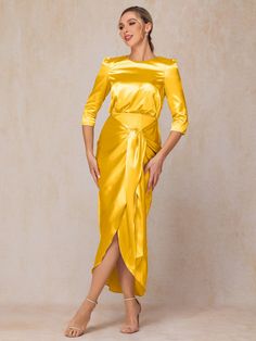 Marigold Gold Satin Dress For Banquets, Gold Satin Dress For Banquet, Fitted Yellow Satin Evening Dress, Yellow Satin Party Gown, Yellow Satin Gown For Party, Yellow Satin Evening Dress For Wedding, Yellow Fitted Satin Gown, Elegant Yellow Satin Gown, Fitted Yellow Evening Dress For Bridesmaid