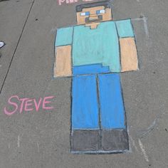 a chalk drawing of a man on the sidewalk with words steve written in pink and blue