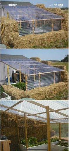 two pictures showing the inside of a greenhouse with hay in it and on top of some bales