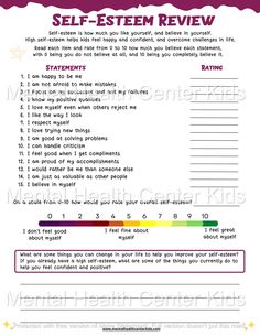 Self-Esteem Review – Mental Health Center Kids Counseling Worksheets, Self Esteem Worksheets, Self Esteem Activities, Mental Health Activities, Improve Confidence, Mental Health Center, Worksheet For Kids, Building Self Esteem