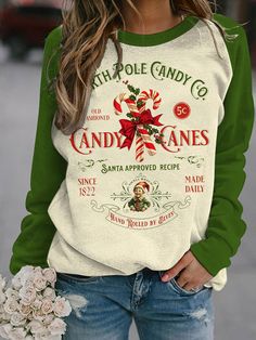 Fitted Long Sleeve Tops For Holiday, Printed Green Tops For Winter, Winter Tops With Letter Print And Raglan Sleeve, Green Tops For Fall Holiday, Winter Raglan Sleeve Top With Letter Print, Green Long Sleeve Holiday Top, Rag Bag, Old Fashioned Candy, Christmas Clothes