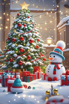 a snowman next to a christmas tree with presents under it and lights on the trees