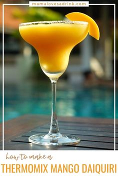 thermomimix mango daiquita cocktail in a coupe glass with text overlay