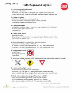 traffic signs and signals worksheet for the driving test, with instructions on how to use them