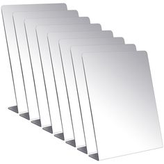 six blank white cards lined up in a row