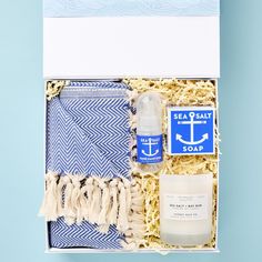 his By the Sea care package is designed to deliver joy and the scent of the sea to your loved one. Sea Salt Soap, Bay Rum, Natural Exfoliant, Turkish Cotton Towels, Spray Can, Experience Gifts, Can Lights, Care Package, Scented Soy Candles