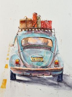 a painting of an old car with luggage on top