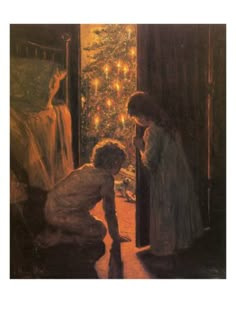 a painting of two children looking at a christmas tree