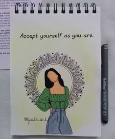 a notepad with a drawing of a woman's face and the words accept yourself as you are