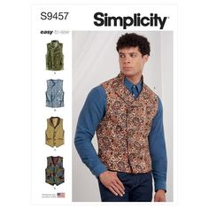 a man wearing a vest and shirt with paisley print on it, in front of an advertisement