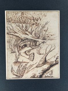 a drawing of a fish in the water with trees and branches around it's edges