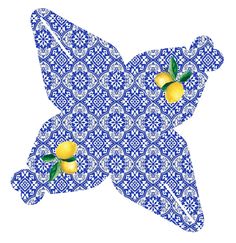 a blue and white butterfly with lemons on it's wings, in the shape of an ornament