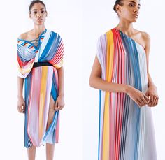 TOME 2018 Spring Summer Womens Lookbook Presentation - New York Fashion Week NYFW - Rainbow Stripes Dimensional Organic Shape Sculptural Accordion Pleats Folds Sheer Chiffon Drawstring Lace Up Sash Waist One Shoulder Drapery Knitwear Ribbed Ruffles Flounce Tie Up Waist Knot Wrap Plaid Tartan Check Long Sleeve Blouse Shirt Skirt Frock Maxi Dress Cape Wide Leg Trousers Palazzo Pants