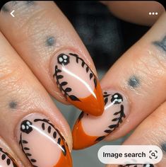 Orange Nail Halloween, Rip To My 20s Nails, Burnt Orange Nail Design, Black White Orange Nails, Nails With Underneath Painted, Holiday Wedding Nails, Spooky Fall Nails Short, Minimalist Nail Art Fall, Fandom Nail Art