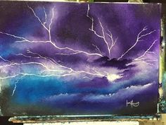 an acrylic painting of a purple and blue sky with white lightning bolt on it