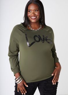 Love is illuminated on our stretch-knit tee with contrasting sequin spelling out the amorous feeling. Sequin Tee Shirt, Professional Photo Shoot, Shirts Plus Size, Sequin Tee, Plus Size Tees, Ashley Stewart, Top Graphic Tees, Long Sleeve Tee Shirts, Knit Tees