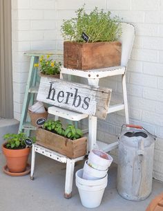 an old ladder is used as a planter for herbs