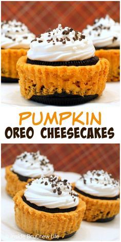 pumpkin oreo cheesecakes with whipped cream on top and chocolate chips in the middle