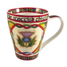 a large coffee cup with the words the scottish thistle on it