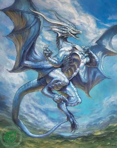 a painting of a white dragon flying through the sky