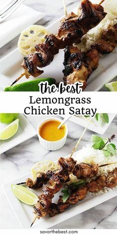 the best lemongrass chicken satay is served on skewers with dipping sauce