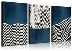 three pieces of art with blue and white designs on them, one is an abstract painting