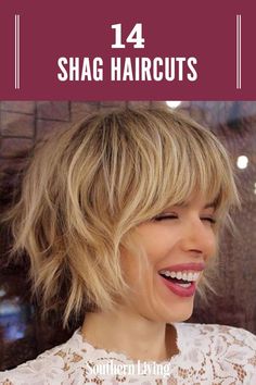 An old-school shag cut hits traditionally between the collarbone and chest, but face shape and hair texture should dictate your most flattering length instead. The bangs are still eyebrow-grazing and longer on the sides, and oodles of layers give the midsection major volume and body (but ask for softer layers that aren’t choppy!). #shaghairstyles #howtostyleshagbangs #shaghaircuts #modernshag #southernliving Short Modern Shag With Bangs, Bob To Shag Haircut, Bangs Chin Length Hair, Short Shaggy Bob For Fine Hair, Shag Bob For Fine Hair, Shaggy Bob With Bangs Choppy Hairstyles, Shaggy Bob Haircuts For Fine Hair, Shag Bob Round Face, Short Choppy Hairstyle Women Fine Hair