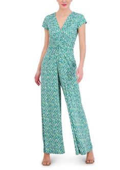 A ruched waist boasts a flattering fit on this printed jumpsuit from Vince Camuto. | Vince Camuto Women's V-Neck Ruched Waist Wide Leg Jumpsuit, Green, X-Large Spring Fitted Ruched Jumpsuits And Rompers, Fitted Ruched Jumpsuits And Rompers For Spring, Printed Jumpsuit, Wide Leg Jumpsuit, Vince Camuto, Polyester Spandex, Jumpsuit Romper, Wide Leg, Jumpsuit