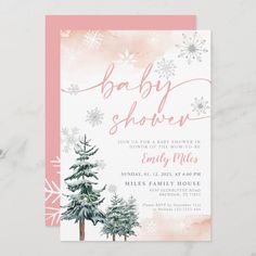 a baby shower is shown with snowflakes and trees in pink, white and silver