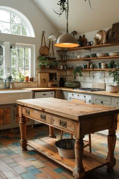 a kitchen with an island in the middle and potted plants on the shelves above it