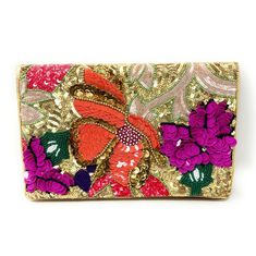 This stunning Twine and Love hand beaded floral clutch purse is a true work of art. Each delicate petal and leaf is meticulously crafted with sequins to create beautiful 3D motifs that will truly stand out. The perfect size for all your essentials, this clutch is both elegant and practical. Add a touch of glamour to any outfit with this unique accessory. Perfect for special occasions or everyday use, this clutch is sure to be a conversation starter wherever you go. The back and inside of the clutch is made of canvas fabric with one pocket inside. It can be use as a clutch or cross body bag. Magnetic closure One inside slip pocket  Canvas lining  Dimension: 10" wide  x 6" tall Great for Personalized Gifts, Bridal Shower Gifts, Birthday Gifts, Mother's Day gifts, Gift for Her, Bride to be Gi Multicolor Sequined Evening Clutch, Gold Floral Embroidered Clutch For Festive Occasions, Embellished Festival Clutch For Celebrations, Embellished Clutch For Festivals And Celebrations, Rectangular Sequined Clutch As Gift, Embellished Clutch For Celebration, Multicolor Sequined Rectangular Evening Bag, Festive Embellished Evening Clutch Bag, Embellished Rectangular Clutch For Celebration