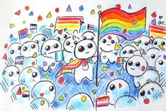 a drawing of a group of people with flags and rainbows in the background,