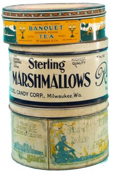 three tins stacked on top of each other in different colors and sizes, with the words sterling marshmallows printed on them