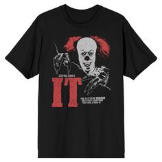 Float into style with this It t-shirt. The tee features the face and long fingernails of Pennywise the clown. The movie’s title appears in giant red letters underneath the clown while the words, “You’ll float too,” are printed in white text next to the title. The tee comes in a black short sleeve crew neck and makes a great gift for fans of the scary Stephen King story. Size: medium. Gender: unisex. Age Group: adult. Pattern: Fictitious Character. Material: Cotton. 1990 Pennywise, Noah Sterecra, Horror Shirts, It Movie, It Pennywise, Fit Aesthetic, Long Fingernails, Pennywise The Clown, You'll Float Too