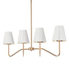 three light brass chandelier with white shades