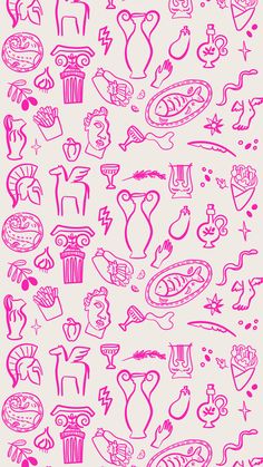 an image of pink doodles on white paper with different shapes and sizes in the background