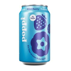 a can of soda with blueberries and strawberries on the top, sitting in front of a white background