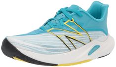 a blue and white tennis shoe with yellow accents on the upper part of the shoe