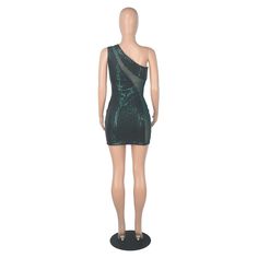 Dark Green Splice Mesh One Shoulder Bodycon Dress Green Sequin Bodycon Mini Dress, Green Sequined Bodycon Dress, Sleeveless Spliced Mini Dress For Party, Spring Mini Dress With Splicing For Night Out, Party Bodycon Dress With Splicing In Mini Length, Party Bodycon Dress With Splicing, Mini Length, Bodycon Mini Dress With Splicing, Bodycon Mini Dress With Splicing Details, Party Mini Length Spliced Bodycon Dress